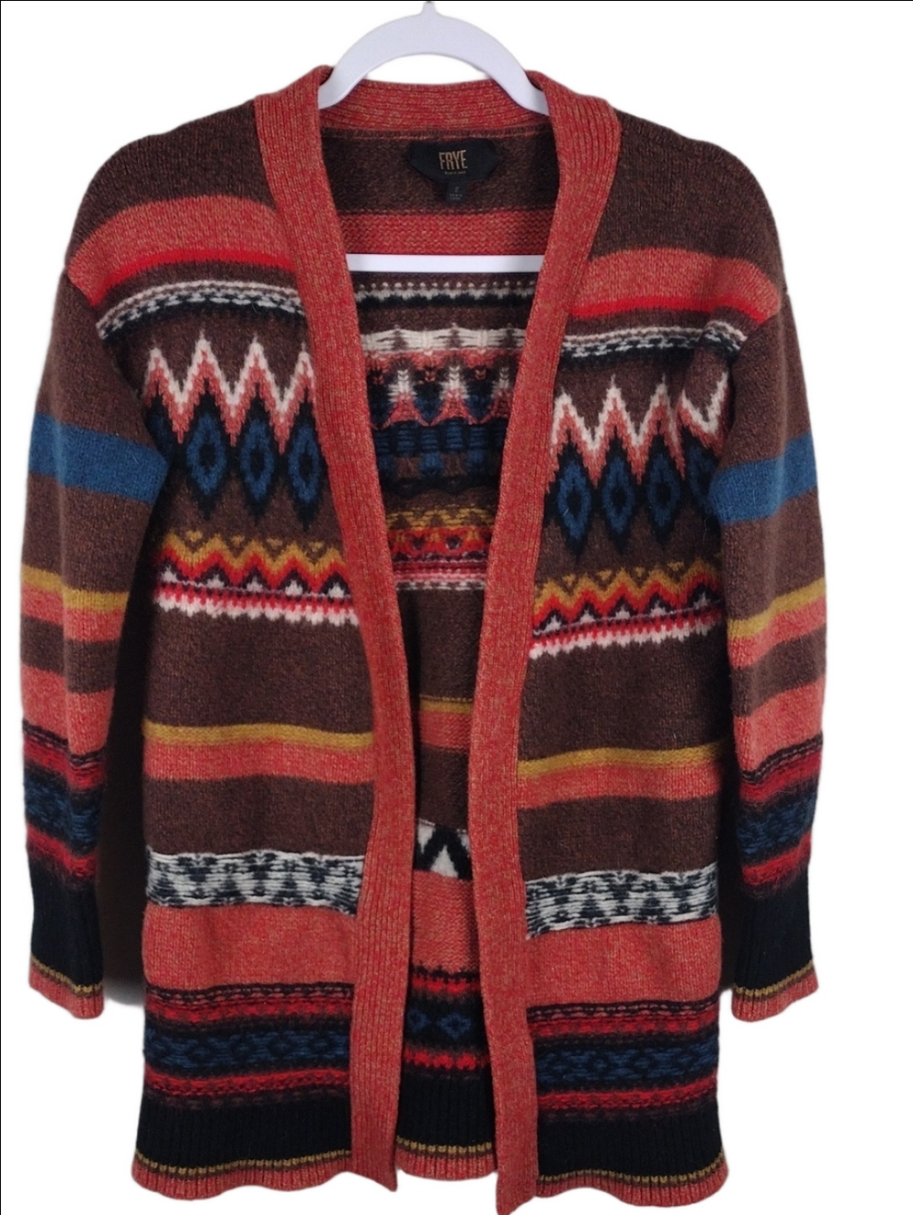Frye Sadie Wool Orange Multicolored Fair Isle Aztec Inspired Open Front Cardigan